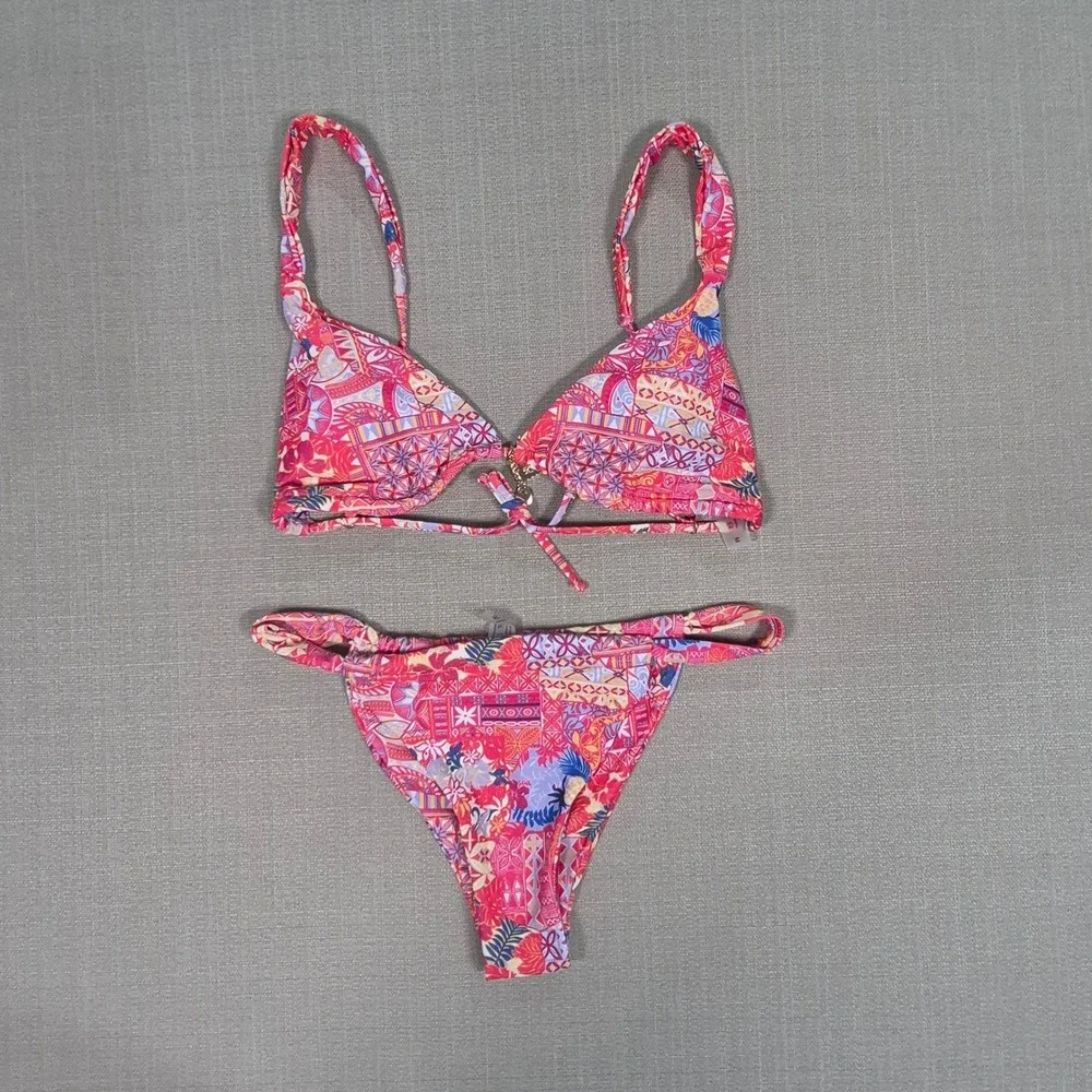 Pink Tropical Patchwork Triangle Bikini Set Women Size M Gold Charm Detail